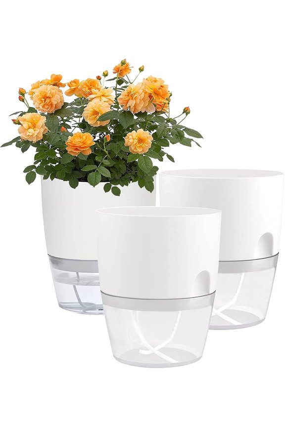 6 Inch Self Watering Flower Pots - Set of 3 Plants Wicking Pots, Violet Pots with Wick Cotton Rope, Plastic Planter Pot with Large Water Storage for Indoor Plants, Flowers, Herbs (White)
