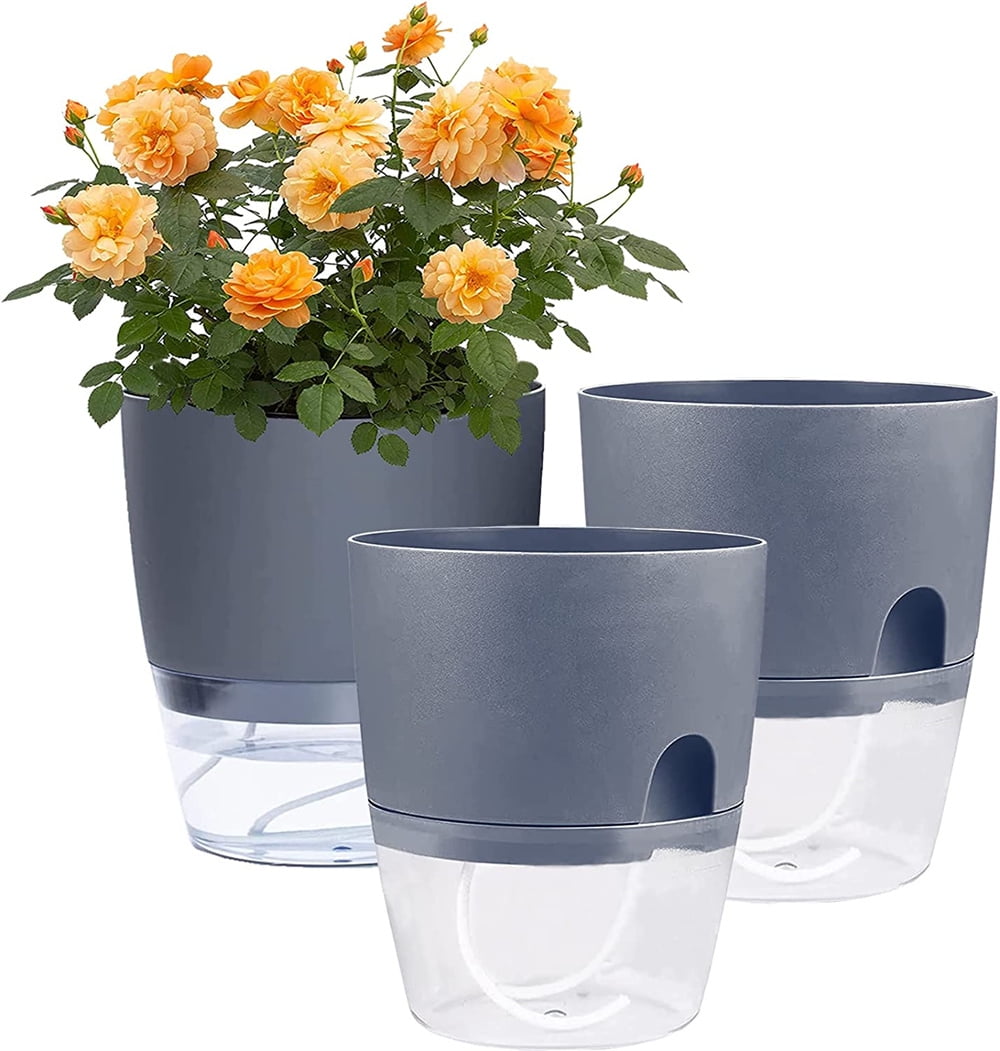 Modern Gray Self-Watering Round Plastic Planter Pots, 3 Pack