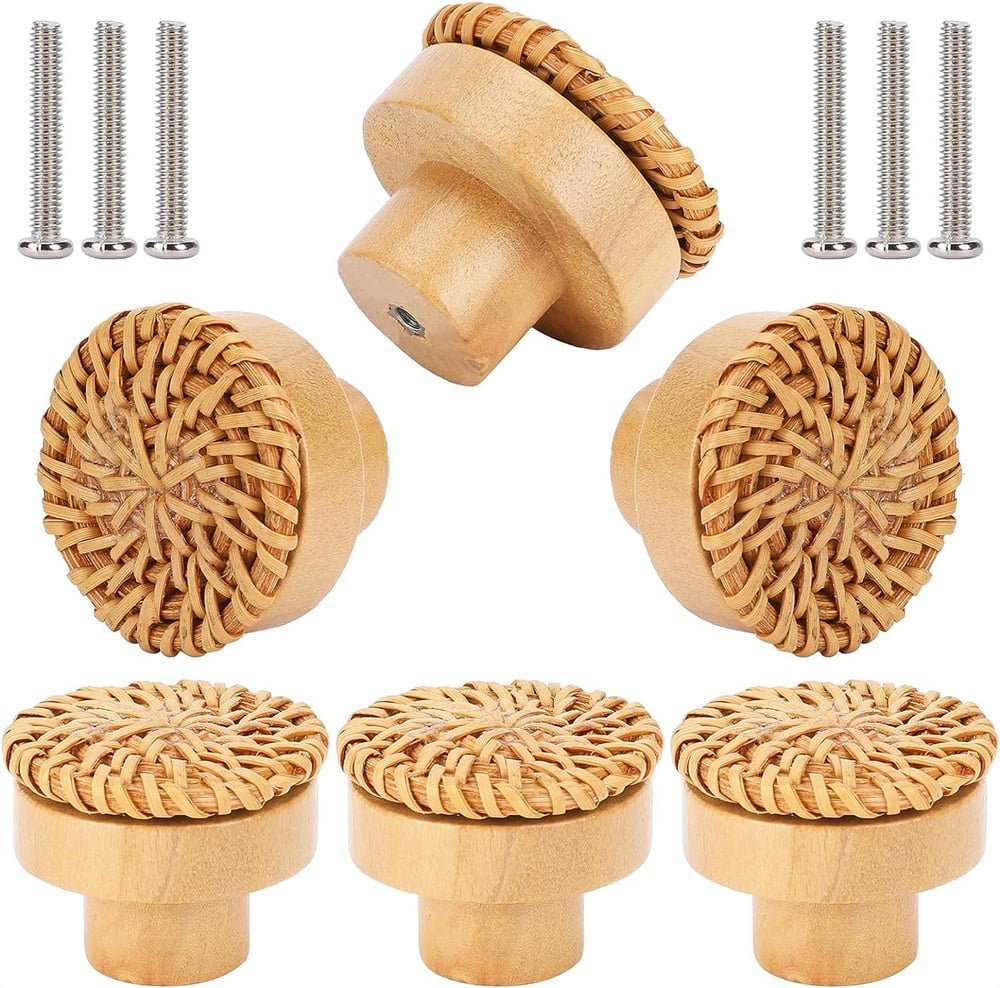NOGIS 6 Pack Boho Rattan Dresser Knobs, Round Wood Drawer Knobs