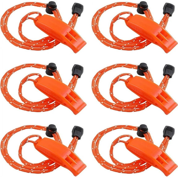 NOGIS 6 Pack Camping Signal Whistles Plastic Loud 120Db for Kayak Life Vest Boating Fishing Hiking Survival Rescue Lifeguard with Lanyard (Orange)