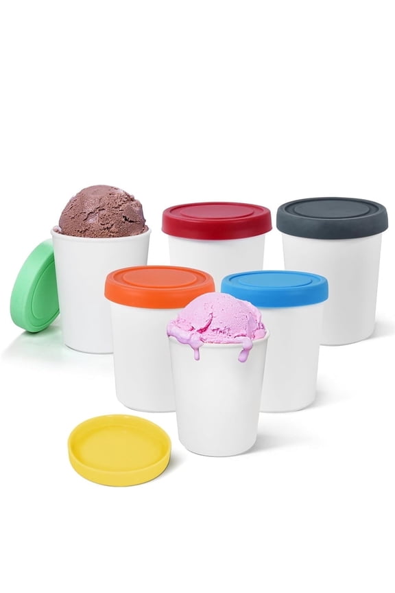 6 Pack Ice Cream Containers - Reusable Ice Cream Freezer Storage Tubs with Silicone Lids for Homemade Ice Cream, Sorbet and Gelato, Dishwasher Safe, BPA Free