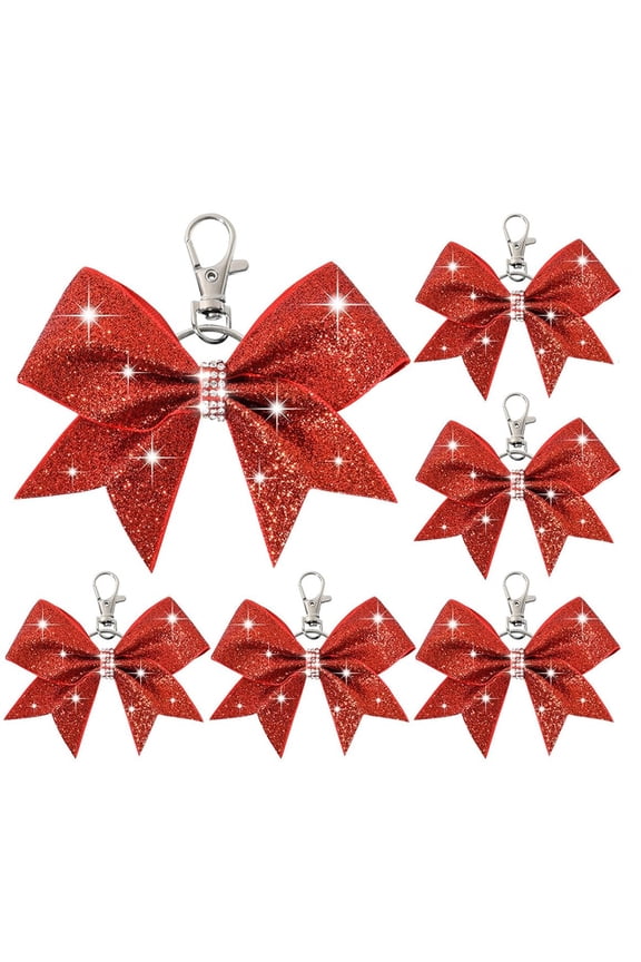 6 Pack Red Cheer Bow Keychain Rhinestones Bow Keychains Glitter Cheerleader Key Ring Bowknot Key Rings for Cheerleading Sports Accessories
