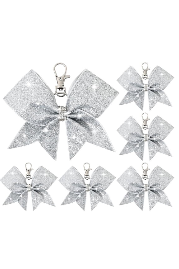 6 Pack Silver Cheer Bow Keychain Rhinestones Bow Keychains Glitter Cheerleader Key Ring Bowknot Key Rings for Cheerleading Sports Accessories