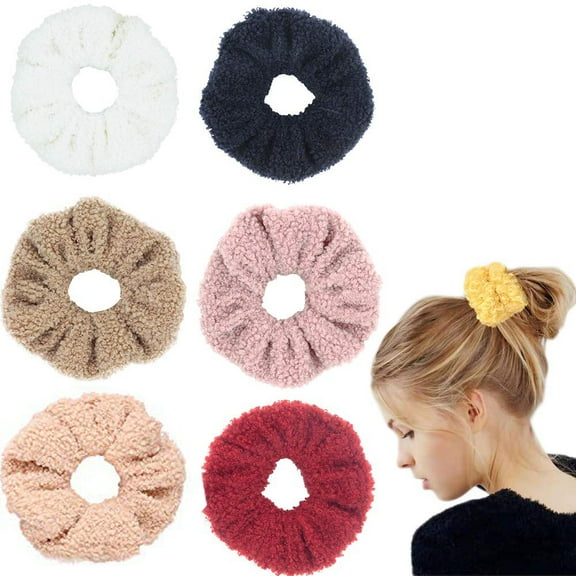 NOGIS 6 Pack Teddy Faux Fur Hair Scrunchies for Hair Ponytail Holder Bobbles Elastic Colorful Scrunchy Hair Bands Ties Hair Scrunchies for Women, Solid Color Cintas Para el Pelo de Mujer