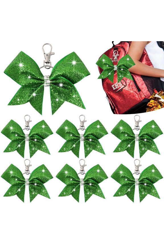 6 Pcs Cheer Bow Keychain Cheer Keychain with Rhinestones Cheerleader Keyrings for Teen Cheerleading Sports Accessory (Green)
