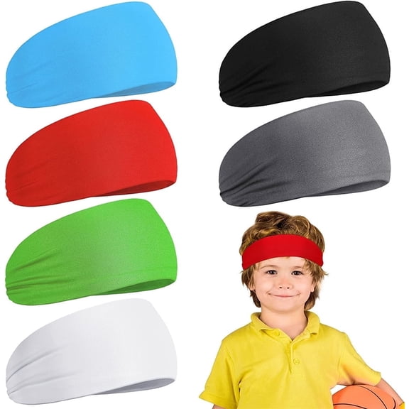 NOGIS 6 Pcs Sports Headbands for Kids, Athletic Headbands, Moisture Wicking Sweatbands, Breathable Elastic Headband for Footable Soccer Baseball Running for Boys 5-15 Years Old