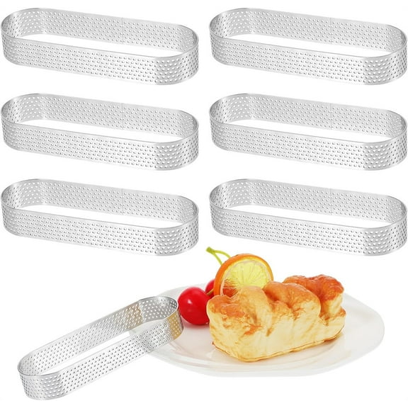 NOGIS 6 Pcs Oval Tart Rings, Metal Pastry Mold for French Dessert, 5.1in Stainless Steel Mini Cake Ring, Small Fruit Crust Tartlet Mold, Perforated Oval Tart Ring Mold, Tart Molds for Baking