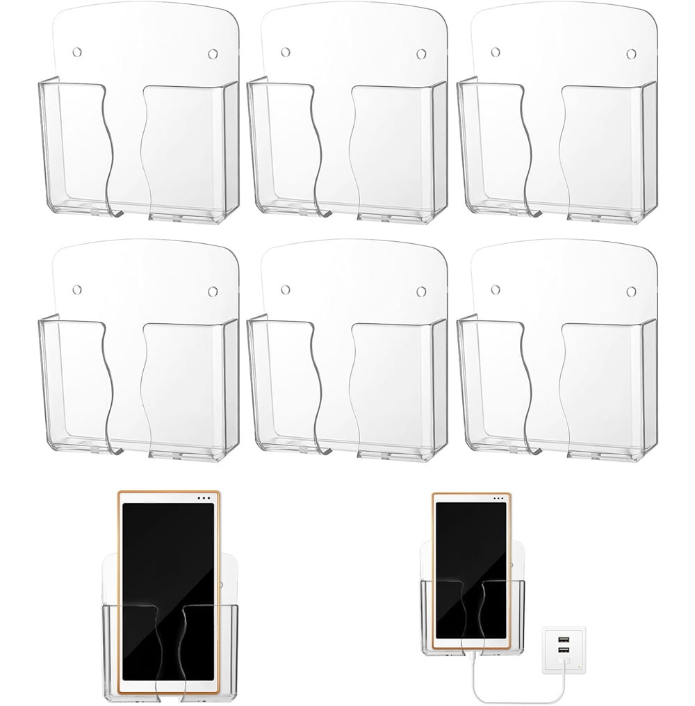 NOGIS 6 Pcs Wall Mount Cell Phone Charging Holder, Clear Acrylic Phone Stand Self Adhesive with Charging Hole, Compatible withSmartphone Remote Control Bedside Holders for Home Office