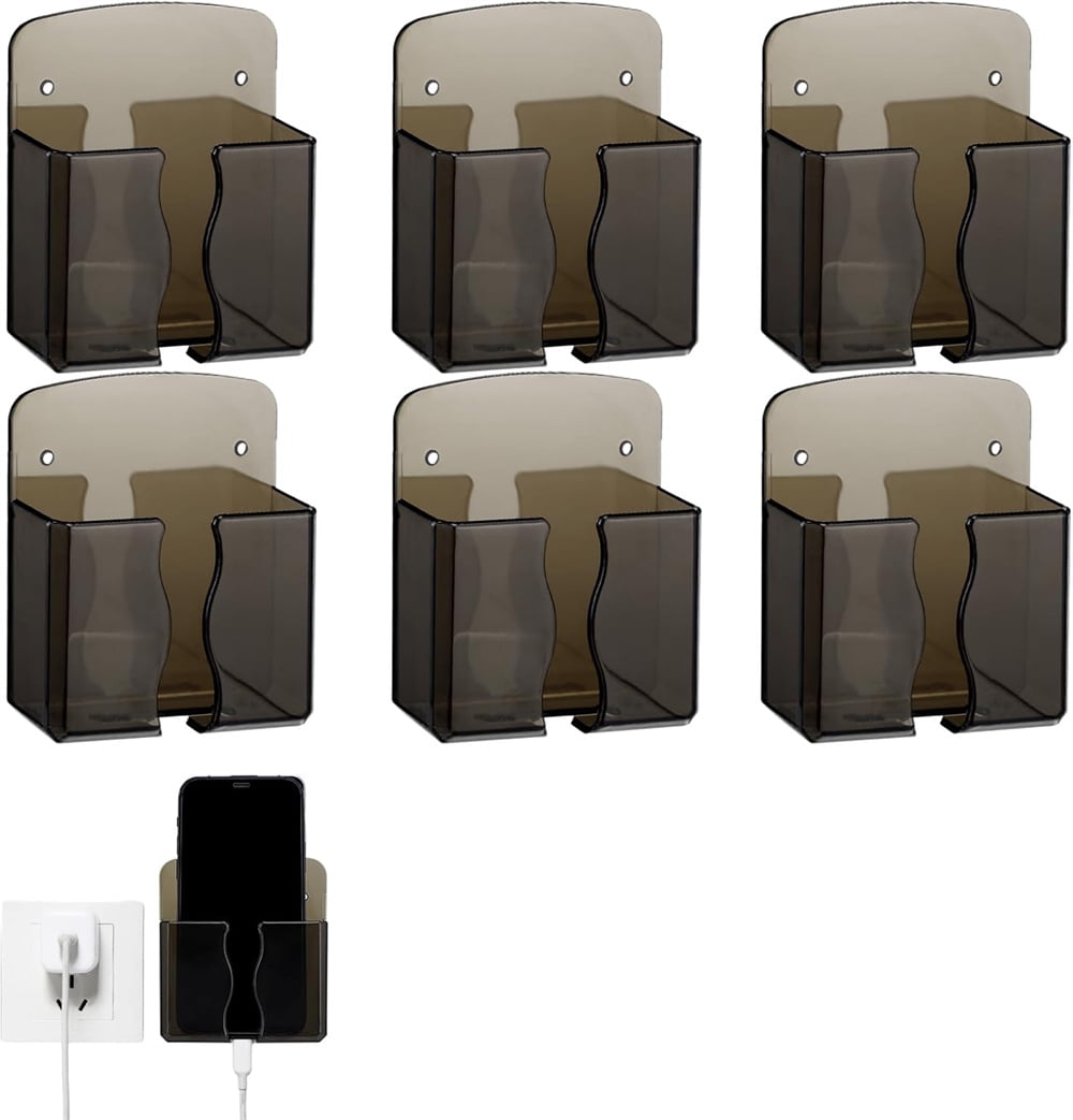 NOGIS 6 Pcs Wall Mounted Phone Holder Self Adhesive Cell Phone Stand with Charging Hole Acrylic Remote Control Stand Bedside Organizer for RV Bed Desk Shower Most Smartphone (Clear Black)