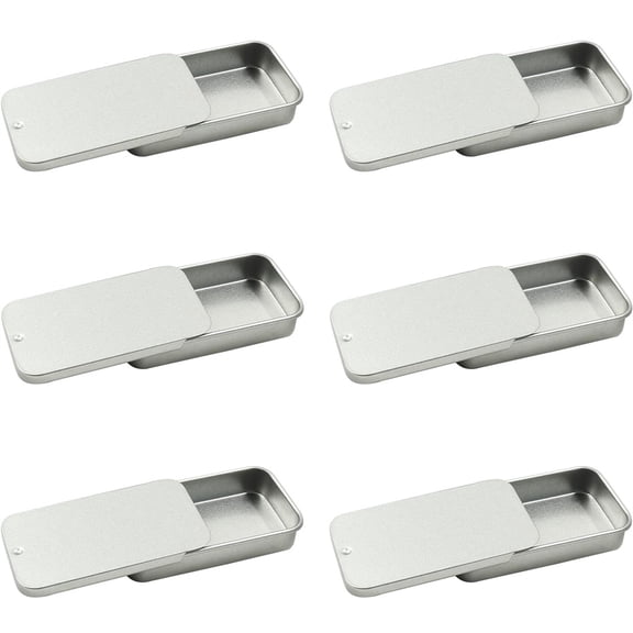 NOGIS 6-Piece Metal Tin Box Containers Set,Dental Floss Portable Case - 2.36 X 1.34 X 0.39 Inches Mini Empty Slide Top Tin Case (Silver)
