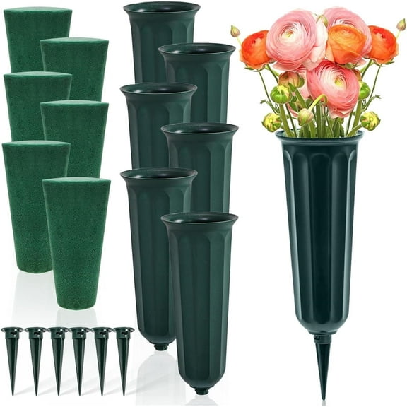 NOGIS 6 Sets Cemetery Vases with Spikes Foam Memorial Floral Ground Vases with Stakes Headstone Flower Saddle for Memorial Cemetery Decorations Cone Vase for Flowers Grave Accessory (Green)