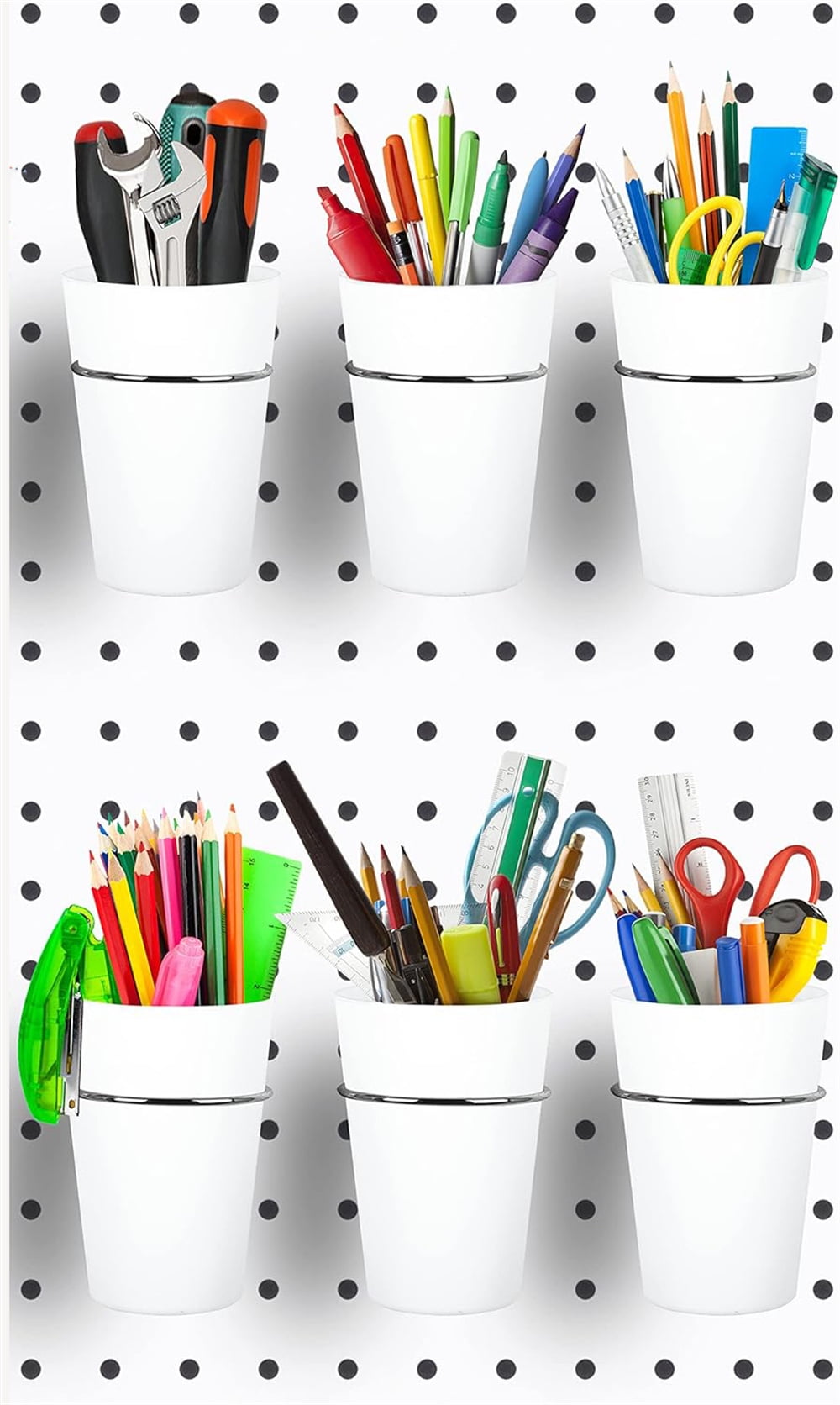 NOGIS 6 Sets Pegboard Bins with Rings, Ring Style Pegboard Accessories with 6 Pegboard Cups 6 Pegboard Hooks,Pegboard Organizer Baskets Pegboard Hooks Kit for Organizing Storage (White)