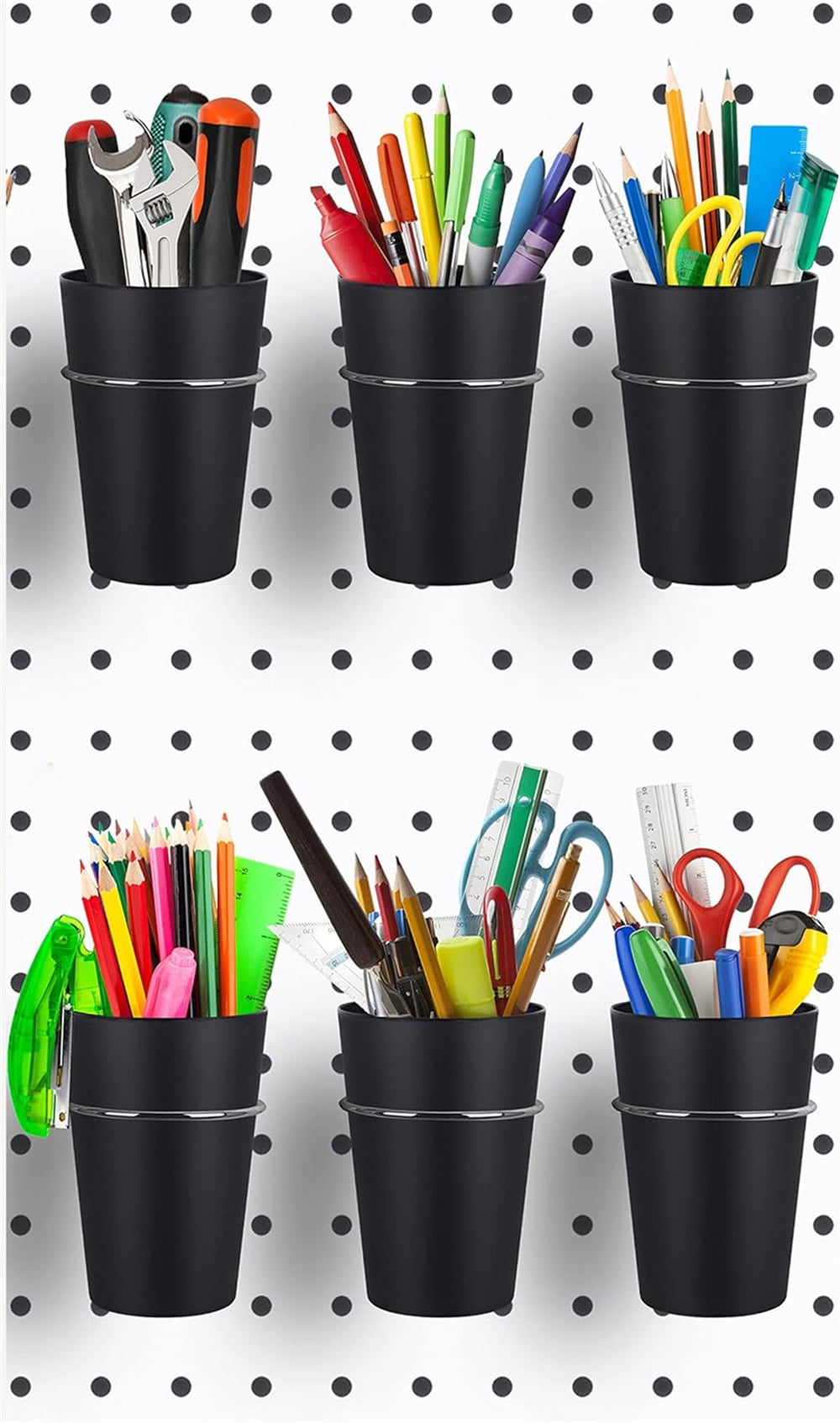 NOGIS 6 Sets Pegboard Cups with Pegboard Hooks, Pegboard Bins with Rings, Hooks for Pegboard Cup Holder for Organizing Accessories Tools Storage Office Workshop Garage Workbench Black（Black）