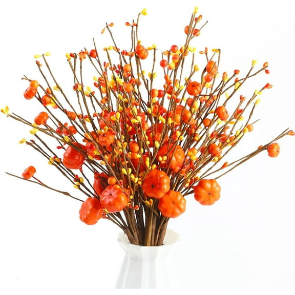 NOGIS 6PCS Fall Decor, 17Inch Artificial Red Berry/Maple Leaf/Pumpkin Floral Stems Fall Branches Decorations, for Autumn Harvest Weeding Birthday Holiday Home Vase Arrangement Indoor Decor
