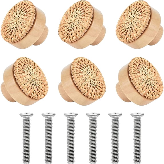 NOGIS 6Pcs Boho Dresser Knobs Boho Drawer Pulls Rattan Knobs Wood Knobs for Dresser Drawers Rattan Drawer Pulls Wood Cabinet Knobs for Cabinets, Furniture