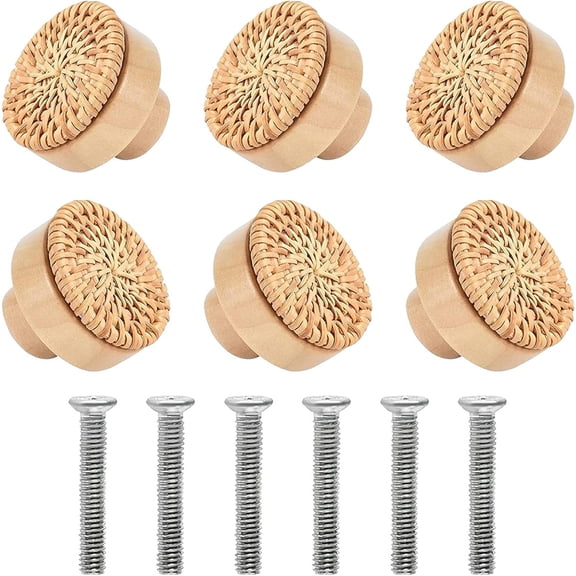 NOGIS 6Pcs Boho Dresser Knobs Boho Drawer Pulls Rattan Knobs Wood Knobs for Dresser Drawers Rattan Drawer Pulls Wood Cabinet Knobs for Cabinets, Furniture