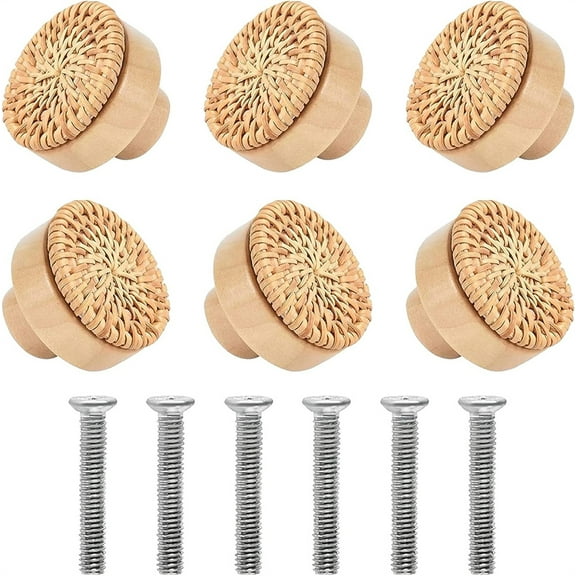 NOGIS 6Pcs Boho Dresser Knobs Boho Drawer Pulls Rattan Knobs Wood Knobs for Dresser Drawers Rattan Drawer Pulls Wood Cabinet Knobs for Cabinets, Furniture