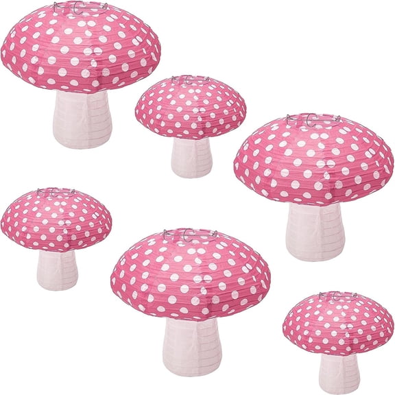 NOGIS 6Pcs Mushroom Shaped Paper Lanterns, Large Paper Lantern Mushroom Shaped Paper Lantern For Nursery Garden Christmas Party Decoration 8 inch, 12 inch (Pink)