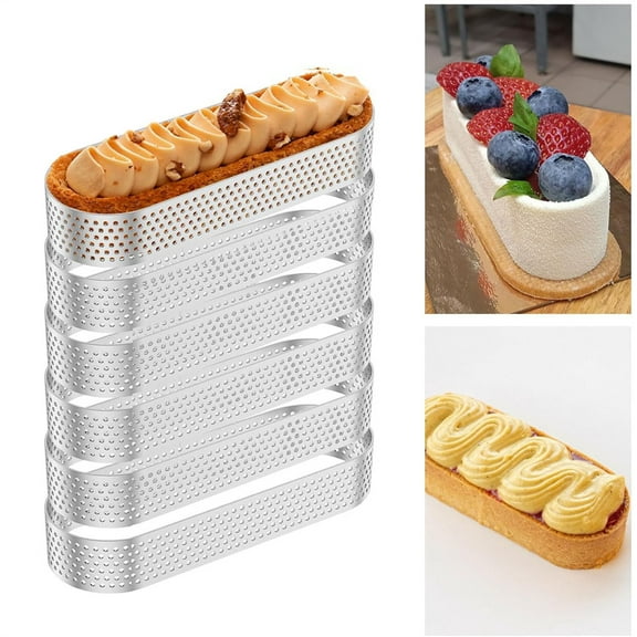 NOGIS 6Pcs Oval Tart Rings, 5.1inch Perforated Tart Ring Mold, Stainless Steel Nonstick Cake Mousse Ring Pastry Mould, Mini Fruit Tart Mold Pan for Baking Mousse Cheesecake Muffin Pie Dessert