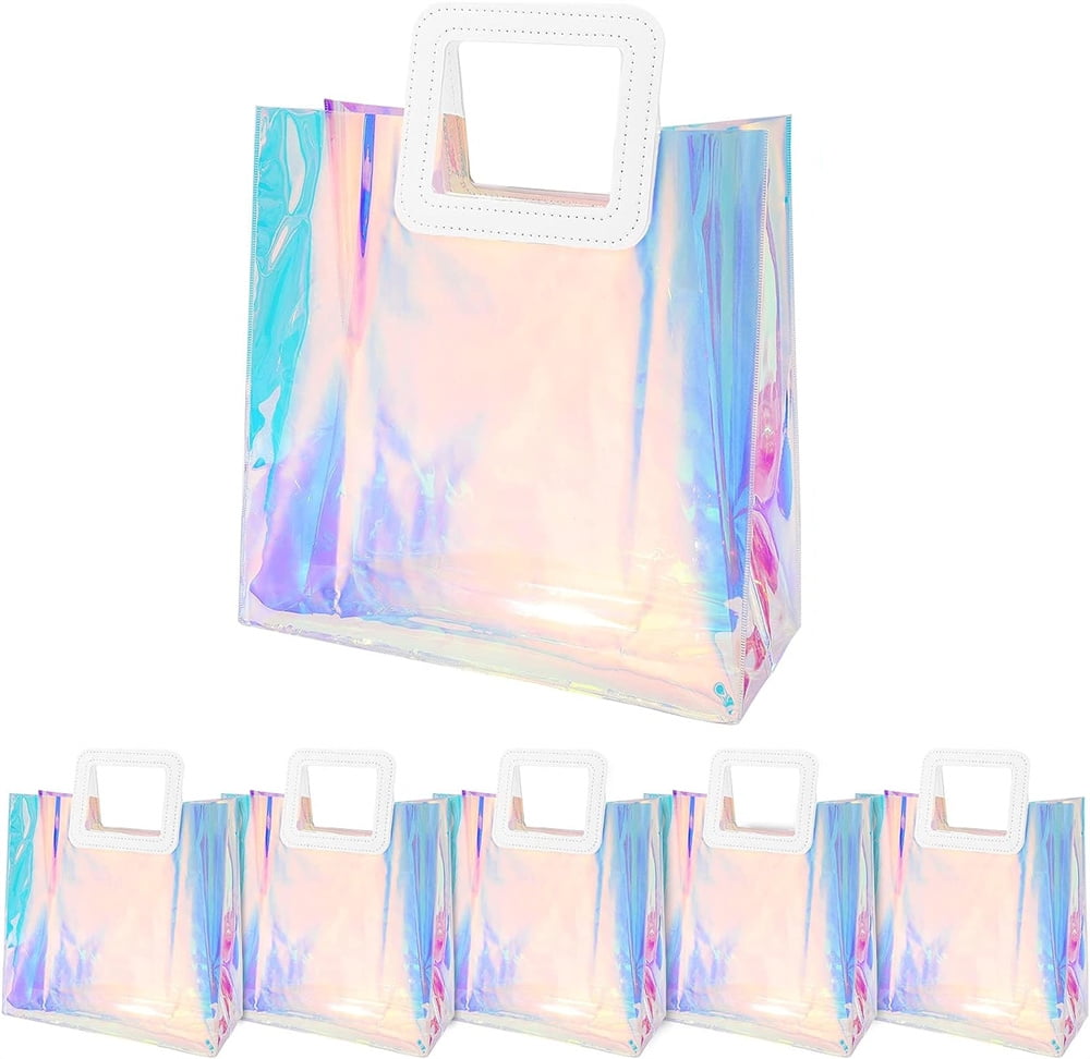 NOGIS 6pcs Clear Reusable Gift Bag Holographic Bag Large Tote Bags Handbag Gift Wrap Bags with Handle for Party,Christmas,Travel,Wedding, Shopping 11 x 9.8 x 5.9Inches