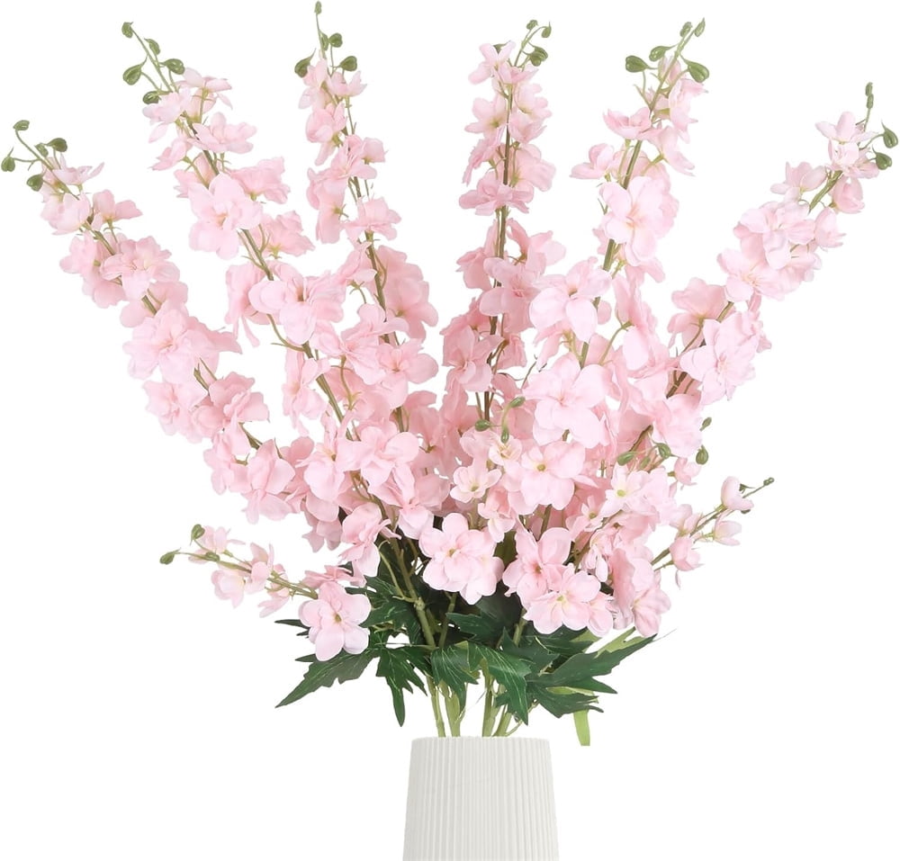 NOGIS 6pcs Delphinium Artificial Flower 34.6'' Pink Silk Flowers Long Silk Larkspur Flowers Plant Floral Faux Bouquets for Tall Vase Wedding Floral Arrangements Floor Home Garden Outdoor Decor