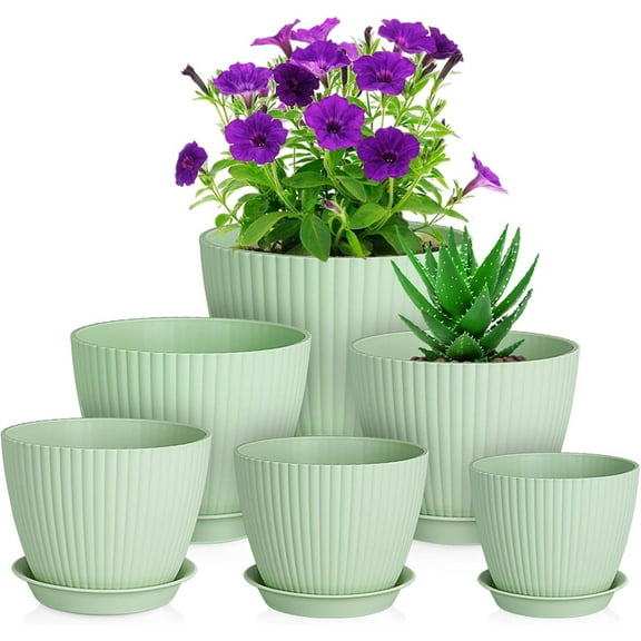 NOGIS 7.5/6.7/5.9/5.1/4.5/3.5 inch Plant Pots, 6 Pack Flower Pots for Small Indoor Outdoor Plants, Plastic Planters with Drainage Holes and Saucers for Garden Succulent House Plants, Green
