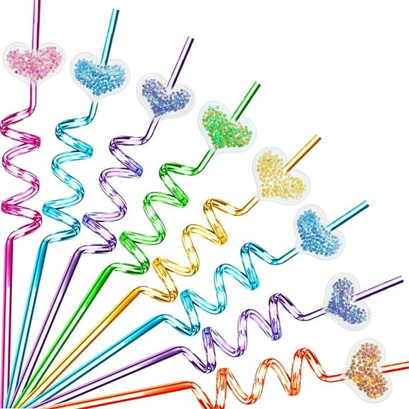 NOGIS 8 Pcs Valentines Straws, Reusable Heart Plastic Straws Heart Shaped Sparkly Plastic Drinking Straws Crazy Loop Classroom Goodie Gifts for Kids Exchange PrizesRandom Color
