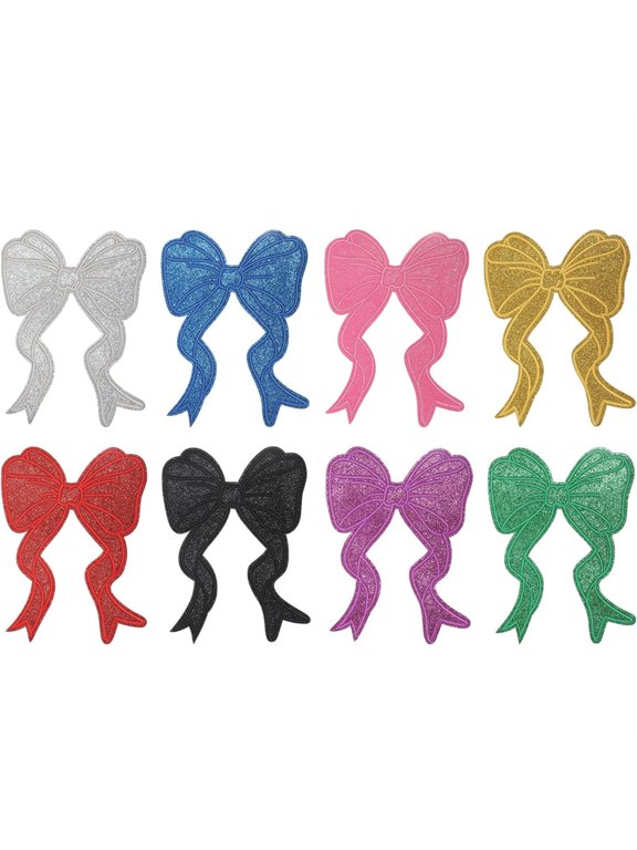NOGIS 8Pcs Glitter Bow Iron on Patches, Sparkling Rainbow Color Curved Tail Sequin Sweatshirt Bow Embroidered Appliques for Clothing Backpacks Jeans Jackets Trucker Hats DIY Crafts (Style B)