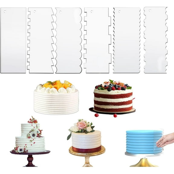 NOGIS 9.5Inch Cake Scraper Smoother Sided Patterned Edge Stripe Edge Smoother Ridged Cake Scraper Set of 6, Acrylic Cake Smoother Tool Cake Contour Comb Icing Smoother Frosting Scraper