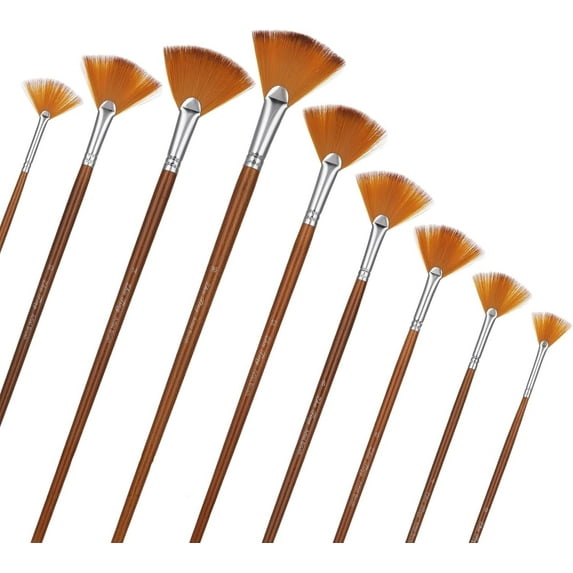 NOGIS Artist Fan Paint Brush Set of 9 Pcs, Professional Artist Acrylic Paint Brushes Set with Long Wood Handles Anti-Shedding Nylon Hair for Acrylic Watercolor Oil Painting,Rock Painting