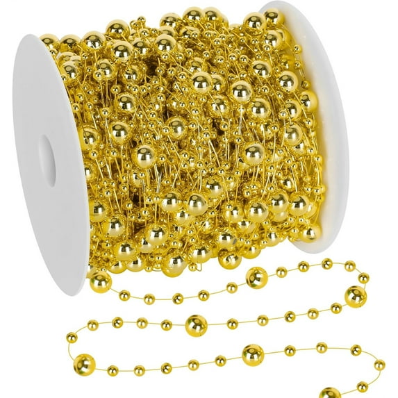 NOGIS 98.4 Feet Metallic Gold Christmas Tree Beads Artificial Pearls Beads Garland Chain Plastic Bead Roll for DIY Christmas Wedding Decoration (Gold)
