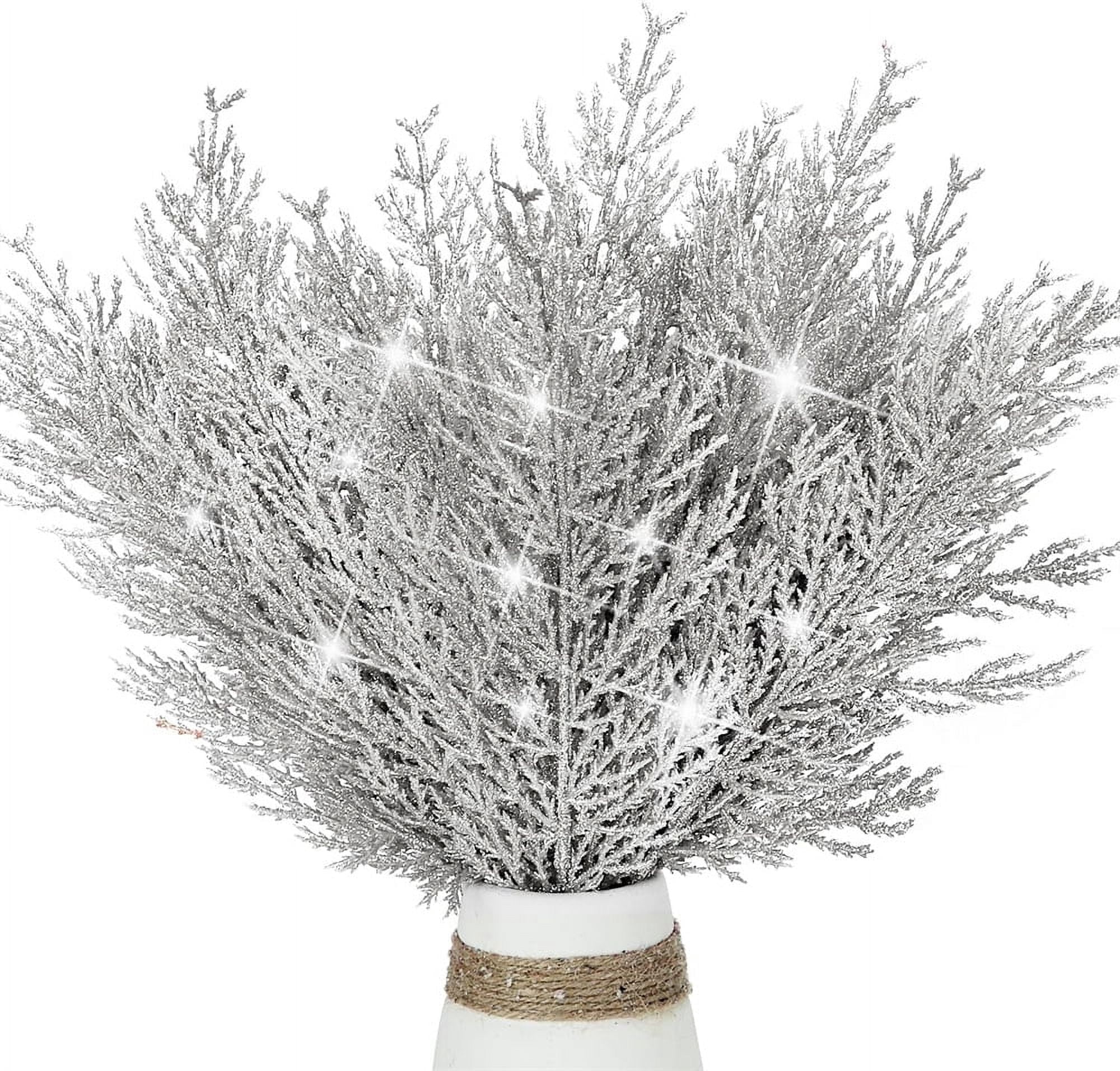 NOGIS Artificial Glitter Pine Tree Twig Ornaments, 24 Pcs Christmas Artificial Pine Branches Faux Cedar Picks Decorative Sticks Glittery Stems for Vase Fillers Holiday Wedding Decor (Silver)