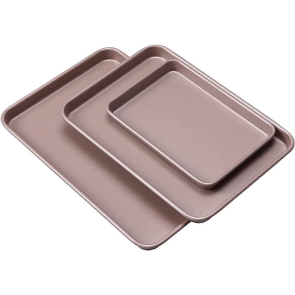 NOGIS Baking Sheets Nonstick Set of 3, 15/13/9.5 Inch Carbon Steel Cookie Sheet Pan Toaster Oven Baking Pans Baking Tray Rimmed Baking Pan -Pink
