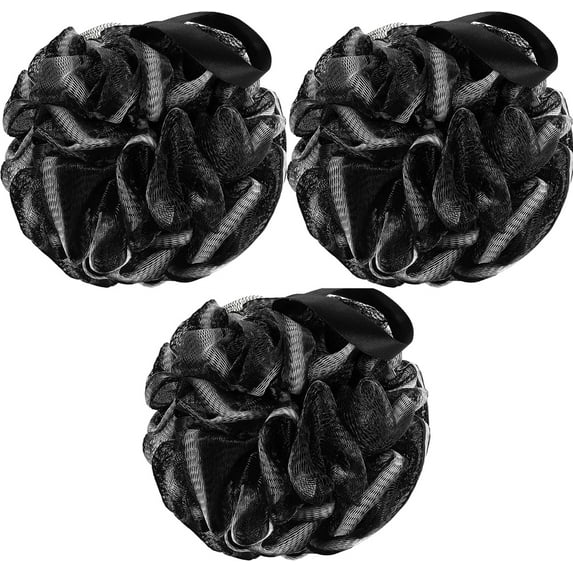 NOGIS Bath Shower Loofah Sponge 70g Bath Mesh Pouf Shower Ball Body Scrubber Exfoliating Bath Sponge for Women and Men, Set of 3, Black