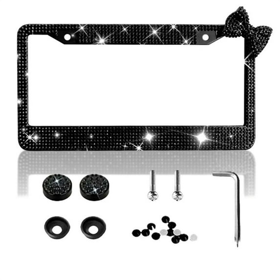 NOGIS Bling License Plate Frames Stainless Steel, Bedazzled Sparkly Rhinestone Crystal Handcrafted Frame, Men, Party, Birthday Gift for Father's Day, with Screw Caps (Black&Black-Bow)