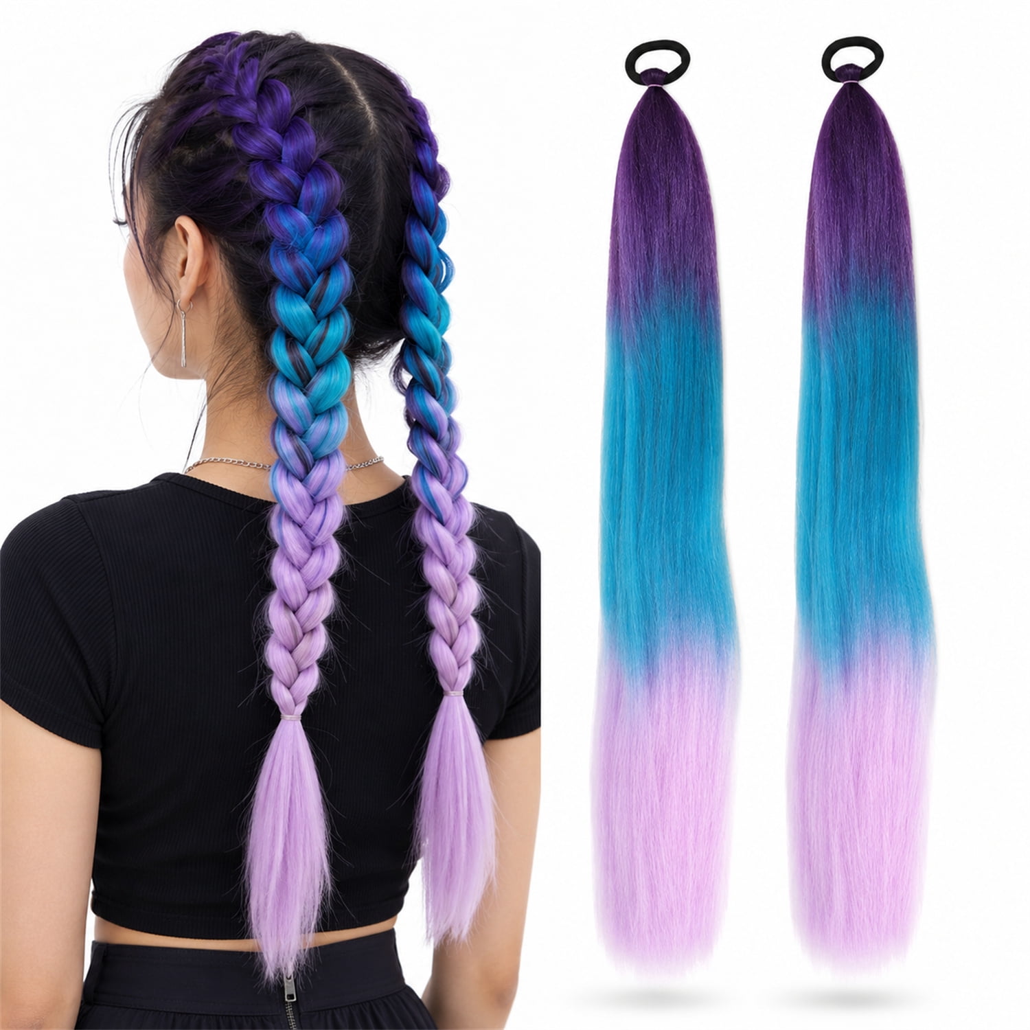 NOGIS Blue Pink Braided Hair Ponytail Extensions 2 Ponytail 