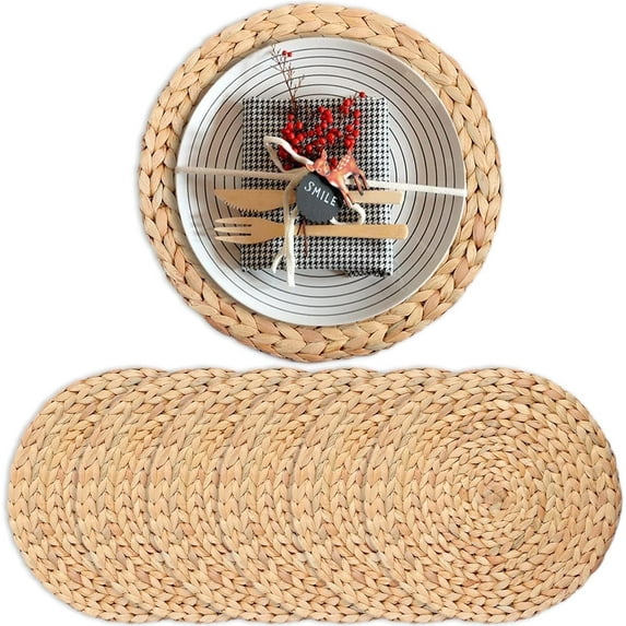 Round Woven Placemats Set of 4,NOGIS Boho Natural Water Hyacinth Weave Placemat Round Braided Large Woven Placemats Rattan Tablemats for Dinner, Decor(10" Round)