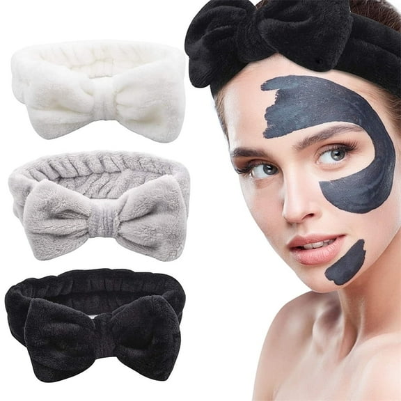NOGIS Bow Hair Band, 3 Pack Soft Makeup Facial Simple Headband Women Girls Spa Headband Bowknot Bow Skincare Fuzzy Headbands for Washing Face Shower Bath Hair Band White Black Gray