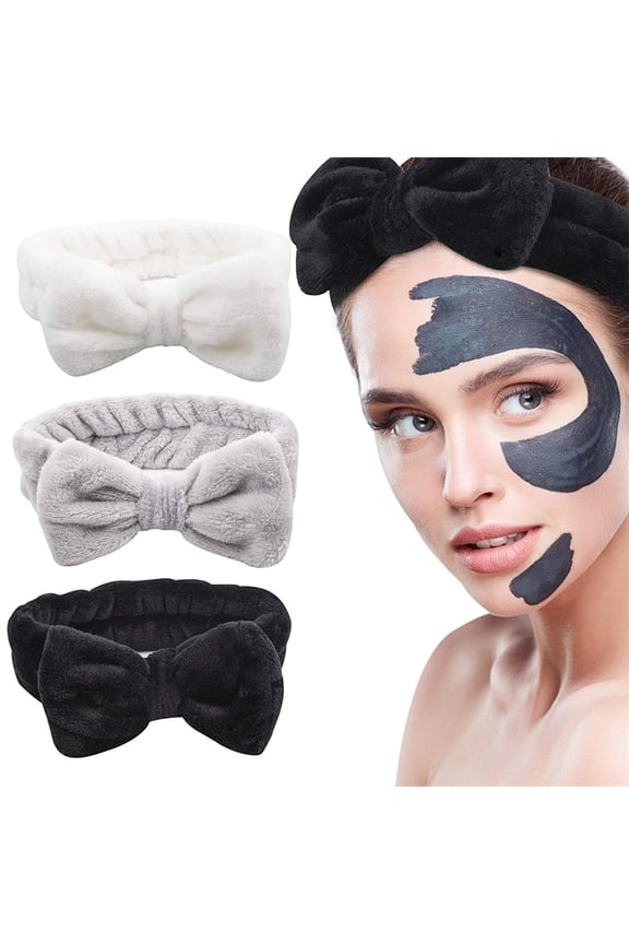 Bow Hair Band, 3 Pack Soft Makeup Facial Simple Headband Women Girls Spa Headband Bowknot Bow Skincare Fuzzy Headbands for Washing Face Shower Bath Hair Band White Black Gray
