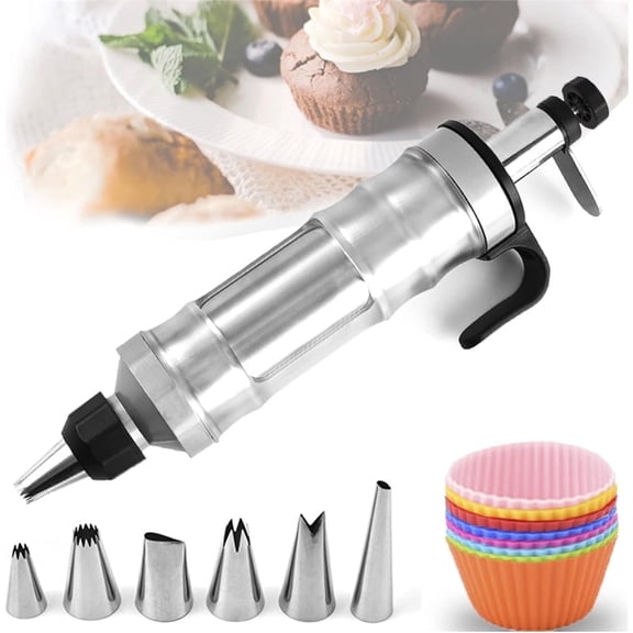 NOGIS Cake Decorating Gun, Cupcake Icing Piping Kit, Stainless Steel Cake Decorating Supplies Kit With 6 Piping Tips, Piping Bags And Tips Set Frosting Piping Kit With 8 Silicone Cupcake Liners