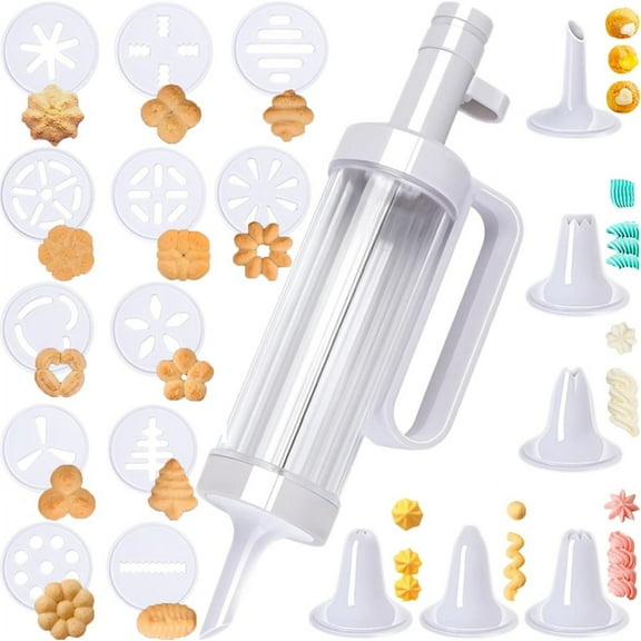 NOGIS Cake Decorating Syringe Set, Cookie Press Maker Discuits Mold Icing Frosting Piping Cupcake Filling Injector with 6 Funnel Icing Nozzles, 12 Cookie Decorating Kit for Cake Cookies Decoration