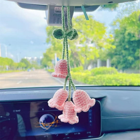 NOGIS Car Mirror Hanging Accessories,Cute Car Accessories For Women,Rear View Mirror Accessories Hanging,Bellflower Hand Knitted Car Pendant，Suitable For Backpacks, Key Chains (Pink)