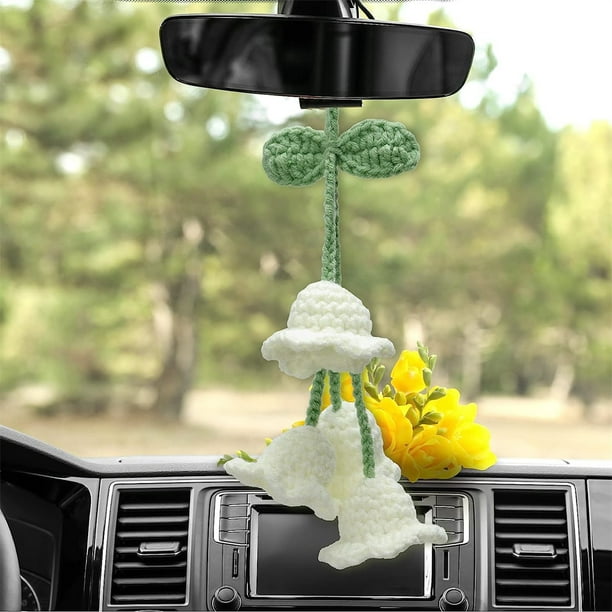 NOGIS Car Mirror Hanging Accessories Cute Car Accessories For Women Rear View Mirror Accessories Hanging Bellflower Hand Knitted Car Pendant Suitable