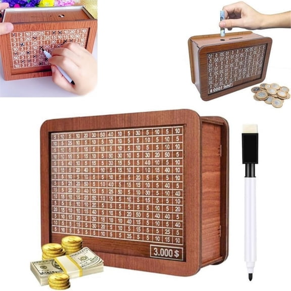 NOGIS Cash Vault Wooden Savings Box, 2024 New Wooden Cash Saver Money Box, 3000 Dollar Savings Challenge Box, Coin Counter Piggy Bank, Wooden Money Box with Money Target and Numbers