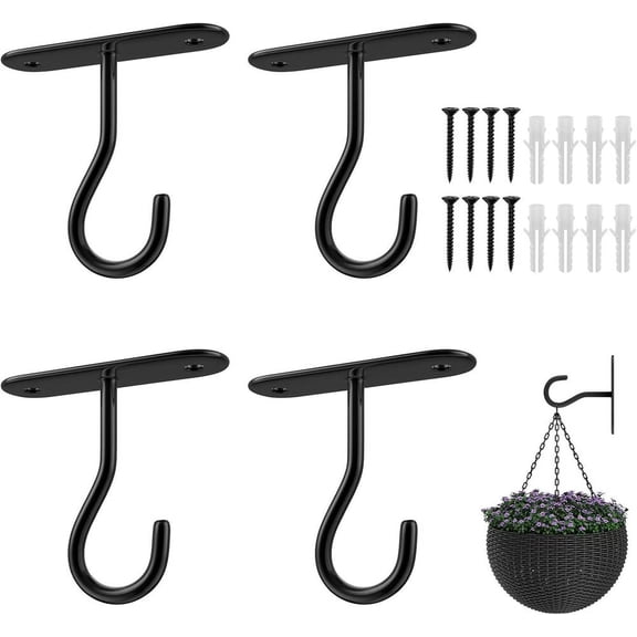 NOGIS Ceiling Hooks for Hanging Plants 4 Pack,2.5" Hanging Plant Hooks,Wall Hooks for Plants,Wall Mount Hangers for Basket,Bird Feeders,Lights,Lanterns,Wind Chimes,Indoor&Outdoor (Black)