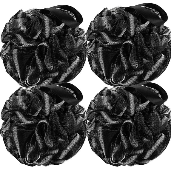NOGIS Charcoal Bath Loofah Sponge, 4 Pack Black 60G Large Shower Mesh Ball Soft Pouf Body Scrubber, Exfoliate, Cleanse, Soothe Skin