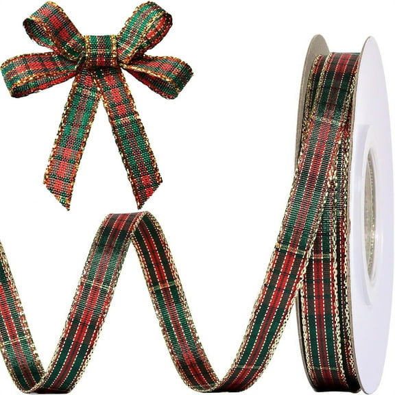 NOGIS Christmas Gingham Ribbon 0.4 Inch 25 Yards Gold Red and Green Checkered Buffalo Plaid Ribbon for Christmas Crafts Wreath Tree Decor Gift Wrapping Bow Making and Home Party Decor