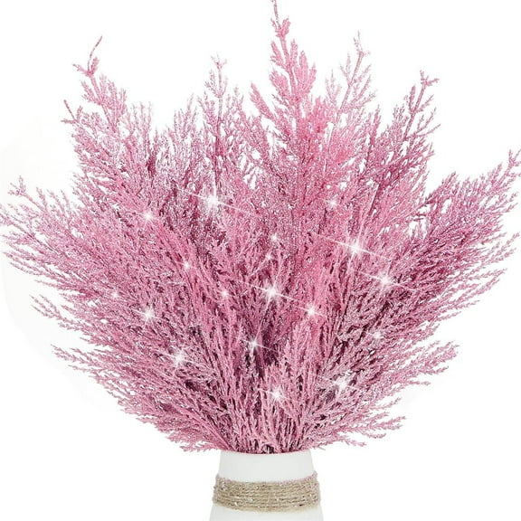 NOGIS Christmas Glitter Twigs 24pcs Artificial Pine Tree Picks for Christmas Tree Ornaments fillers, DIY Xmas Wreath, Crafts, Garland, Holiday, Party, Wedding and Home Decoration (Pink)