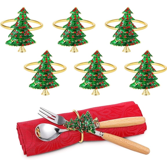 NOGIS Christmas Napkin Rings- Set of 6 Xmas Tree with Red Berries Napkin Holder Rings for Christmas Holiday Party Dinner Wedding Banquet Dinning Table Settings Decoration