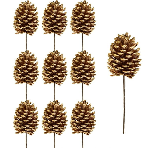 NOGIS Christmas Natural Pine Cones 10 Pieces Pinecone Picks Christmas Tree Ornament Holiday Centerpiece for Christmas Tree Home Party Decoration Supplies, About 7.8" Tall (Gold)